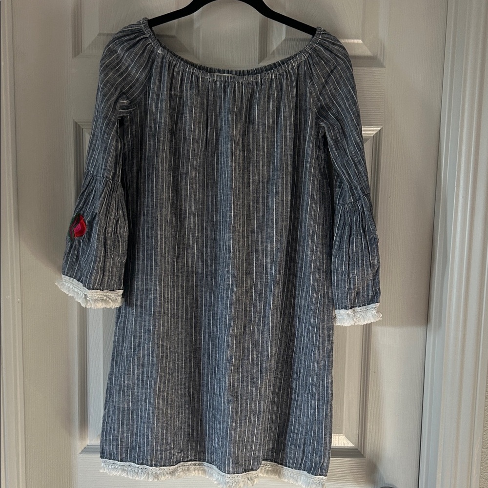 beachlunchlounge Blue & White Striped Off-Shoulder Dress with embroidered Trim